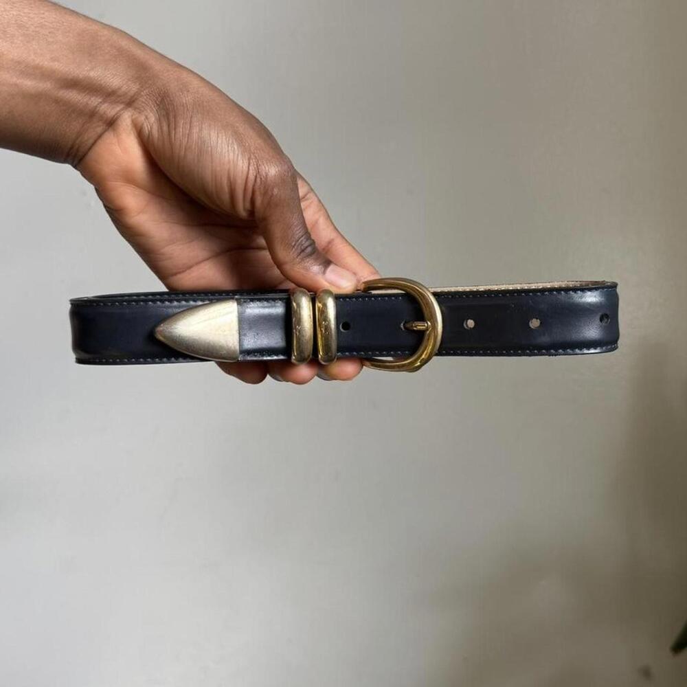 Black Leather Belt with Gold-Tone Buckle